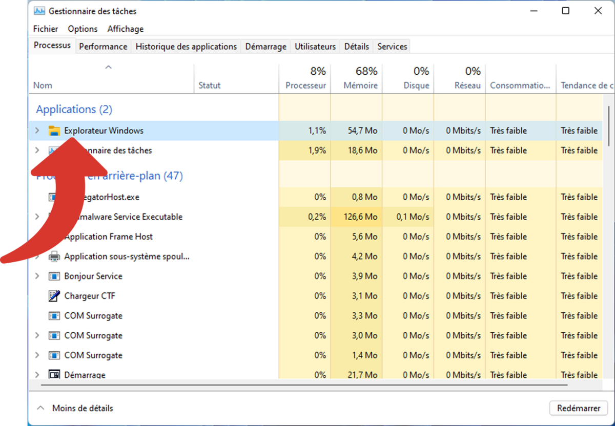Explorateur Windows dans la catégorie Applications du Gestionnaire des tâches © Clubic