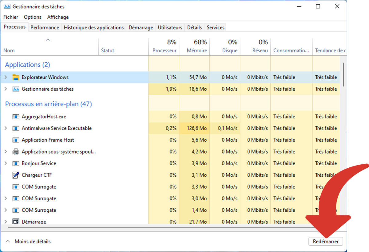 Redémarrer l'Explorateur Windows dans le Gestionnaire des tâches
