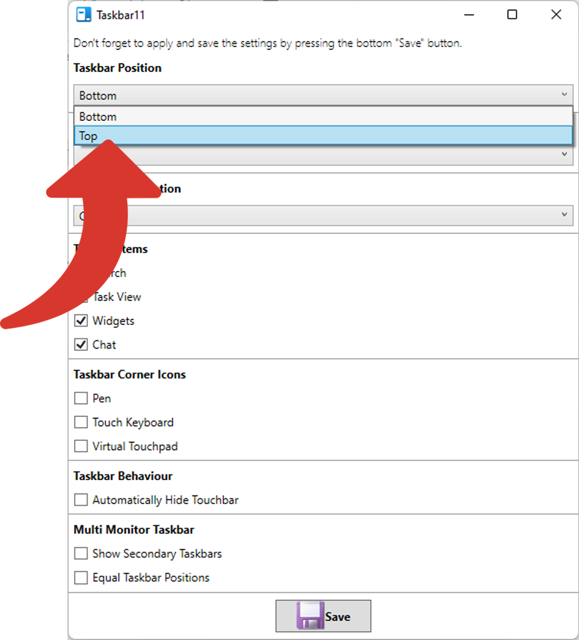Choisir Top dans le menu déroulant Taskbar Position pour déplacer la barre des tâches Windows 11 en haut © Clubic