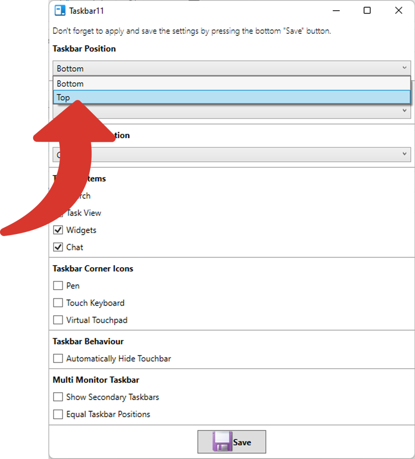 Choisir Top dans le menu déroulant Taskbar Position pour déplacer la barre des tâches Windows 11 en haut © Clubic