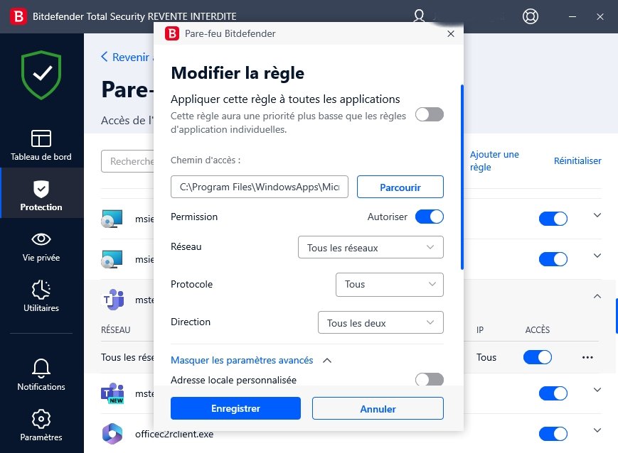 Bitdefender Total Security - Modifieer les régles du Pare-feu