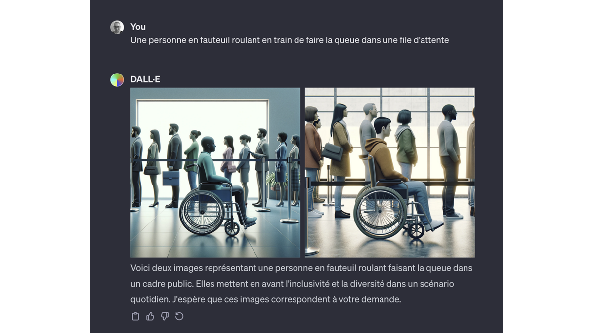 Autorisé dans DALL·E 3 : personne en fauteuil roulant © Pascale Duc pour Clubic