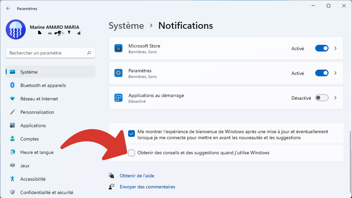 Désactiver les conseils et suggestions par notifications sur Windows 11 © Clubic