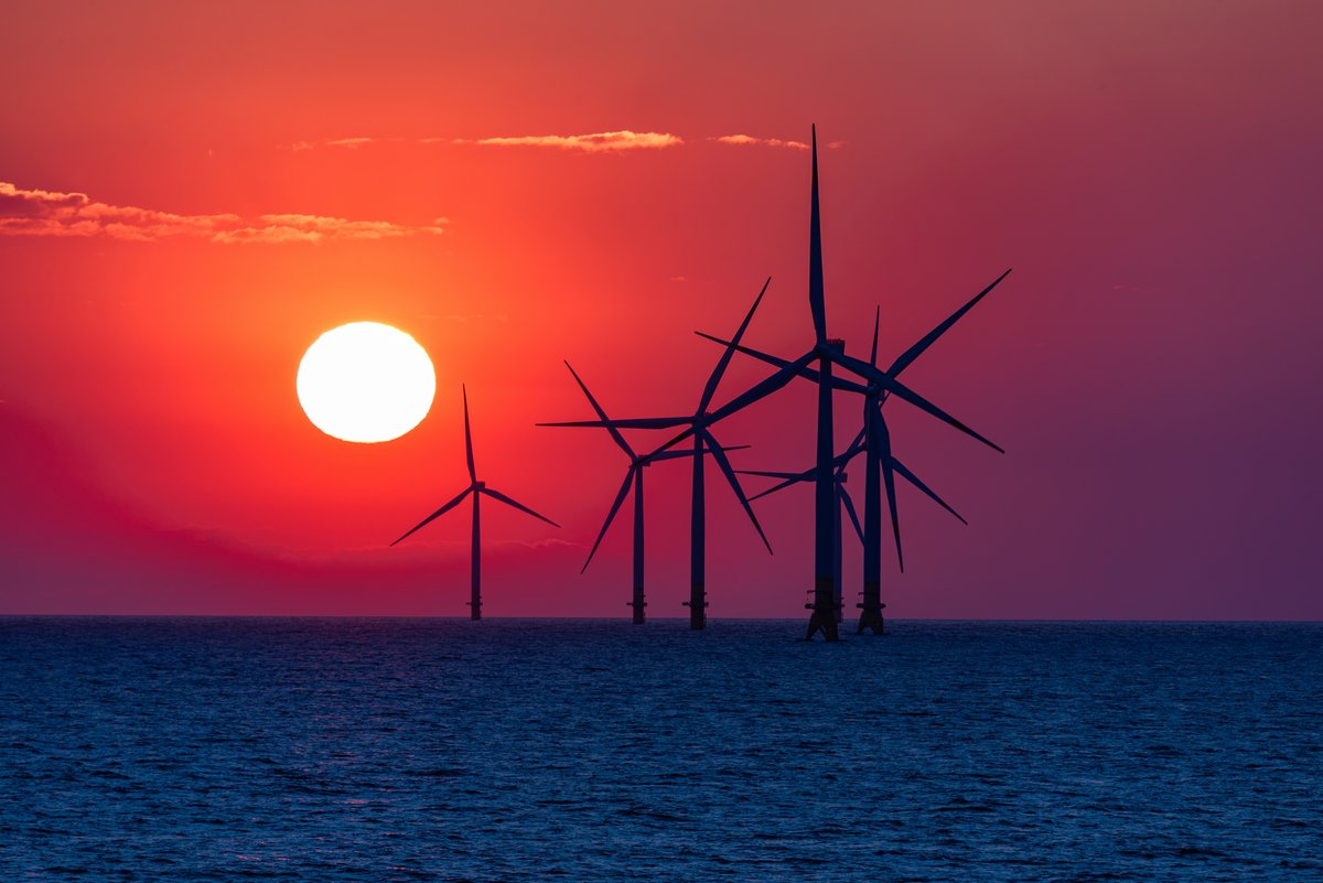 Parc éolien offshore au coucher du soleil © Giorgia Wollner / Shutterstock