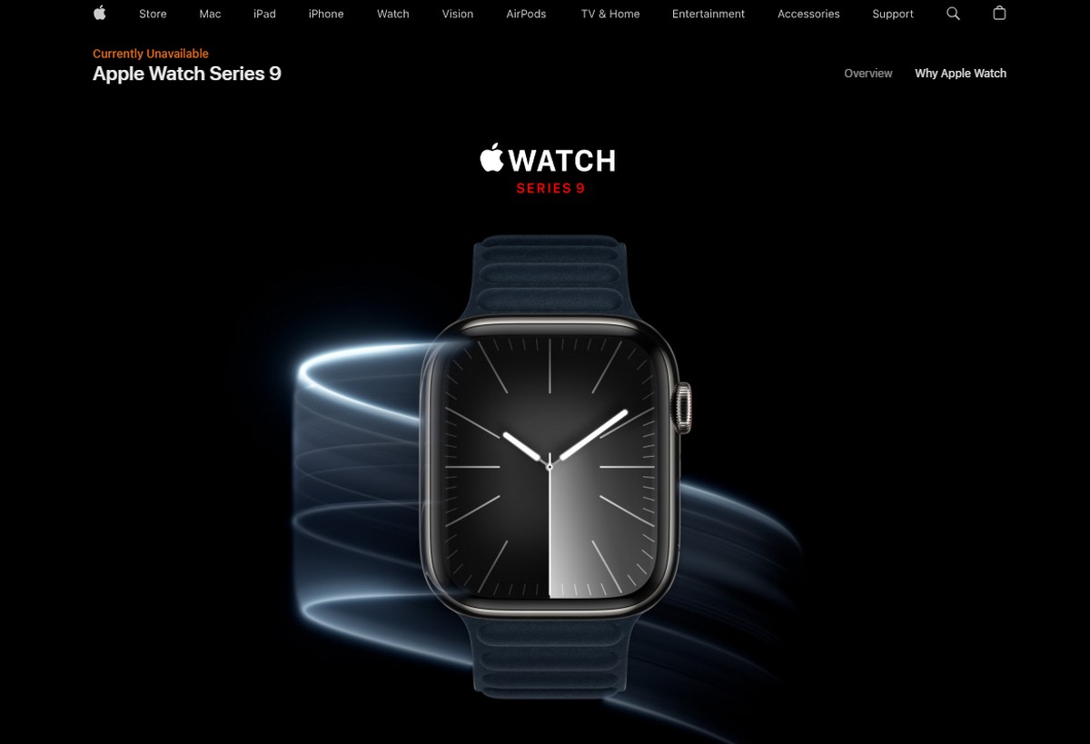 Capture d'écran effectuée le 28/12/2023. Pour le moment, le site web d'Apple aux Etats-Unis affiche toujours les Apple Watch Series 9 et Ultra 9 comme étant « actuellement indisponible ». © Apple