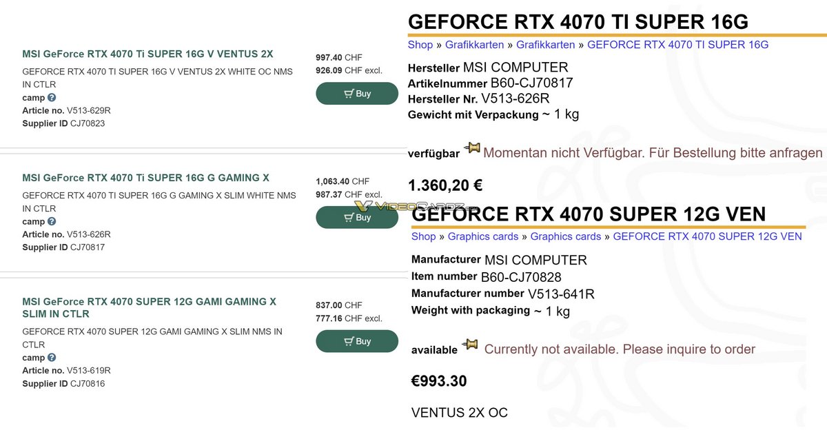 Un revendeur suisse liste les GeForce RTX série 40 SUPER de MSI © VideoCardz