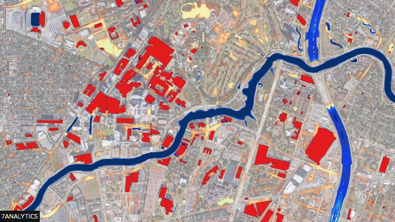  Exemple d'une carte analysée par le software de 7Analytics, montrant les zones les plus exposées en rouge © 7Analytics