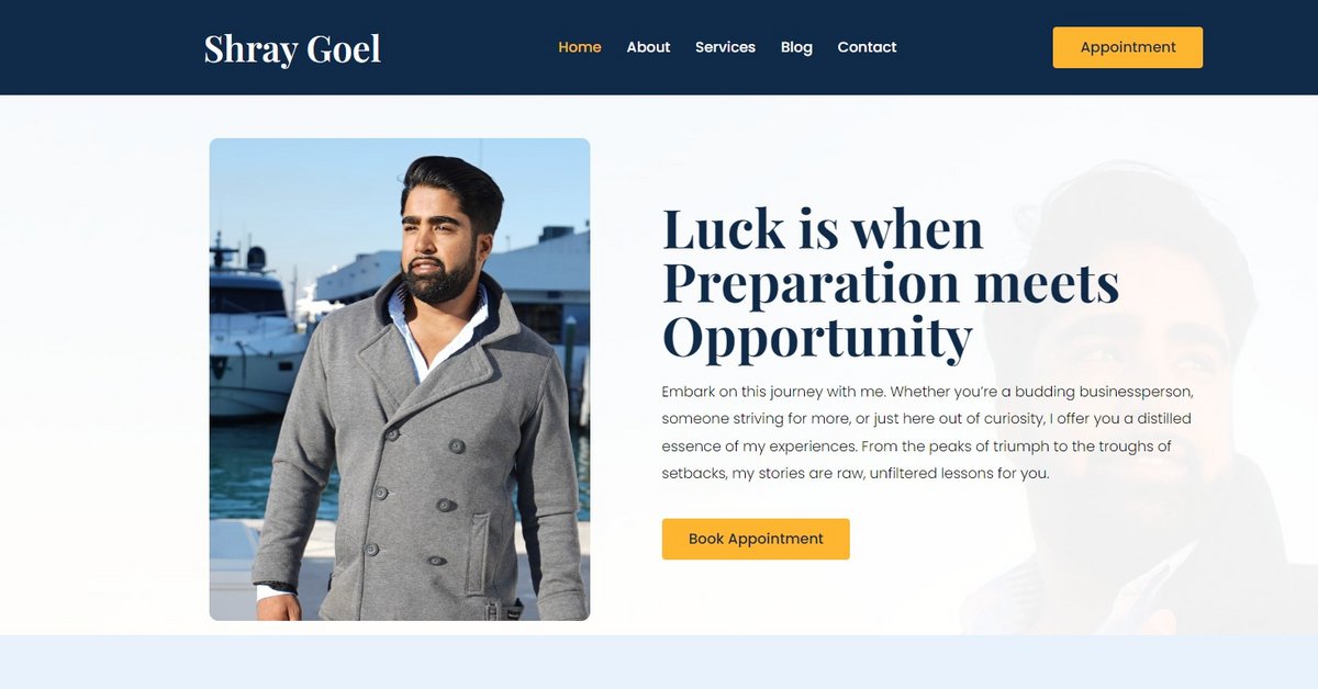 Shray Goel soigne son apparence sur son site internet © Capture d'écran