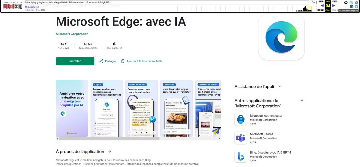 &quot;Edge avec IA&quot;, page Google Play du 4 novembre 2023 © © Google Play / WayBackMachine
