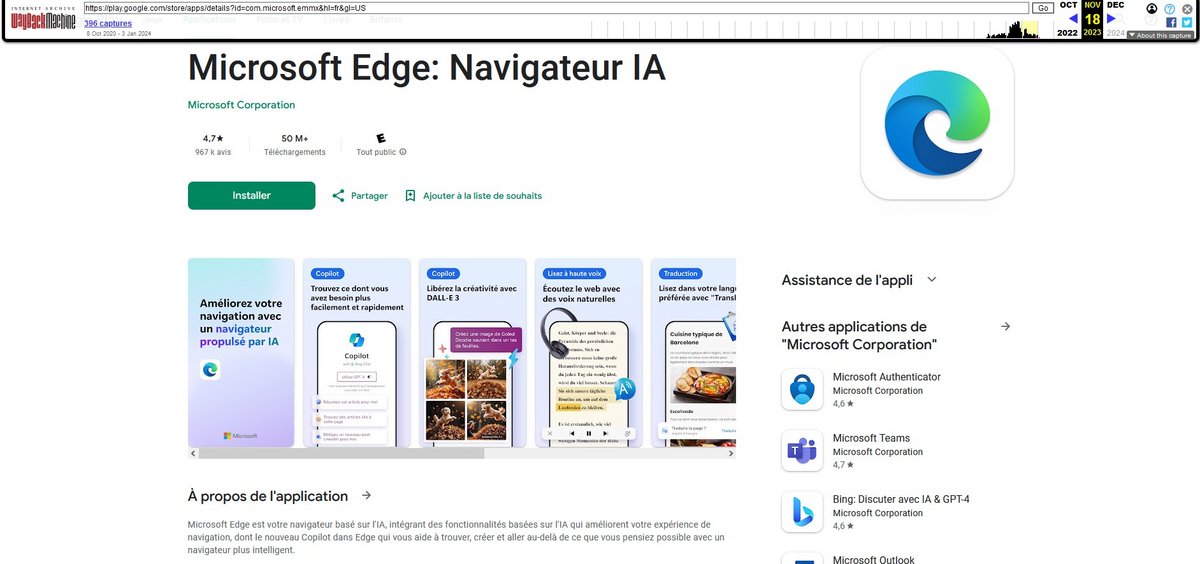 &quot;Edge : Navigateur IA&quot;, page Google Play du 18 novembre 2023 © Google Play / WayBackMachine