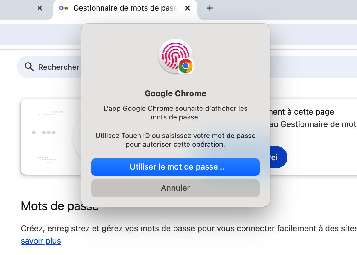 Identification pour accéder au gestionnaire de mots de passe de Google Chrome