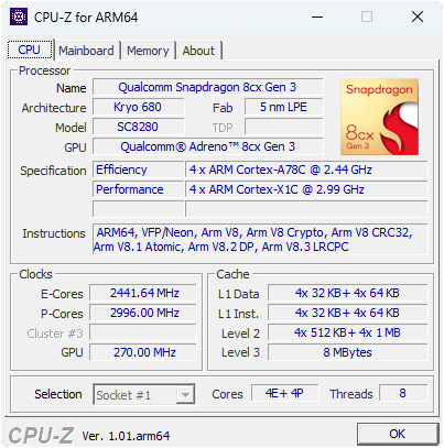 CPU-Z pour Windows ARM est un peu différent de son homologue pour système x86/x64 © CPUID