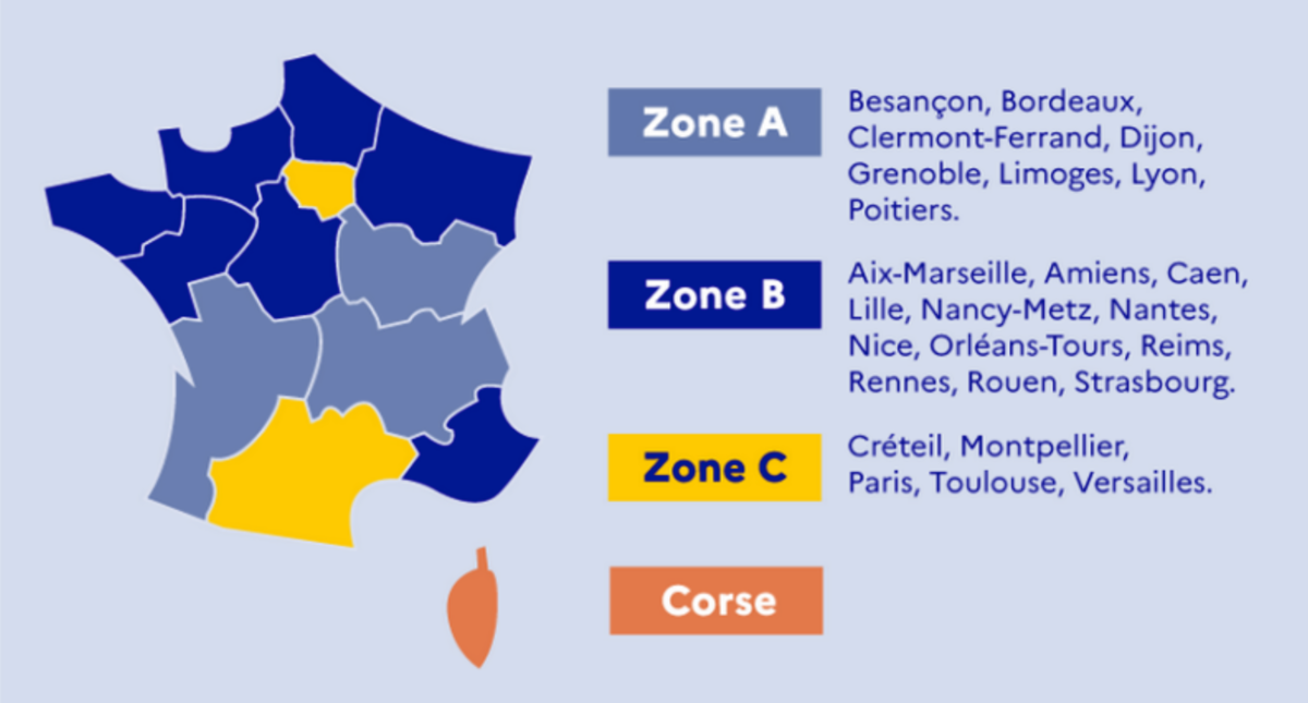 Carte du découpage des zones des vacances scolaires en France // © Gouvernement
