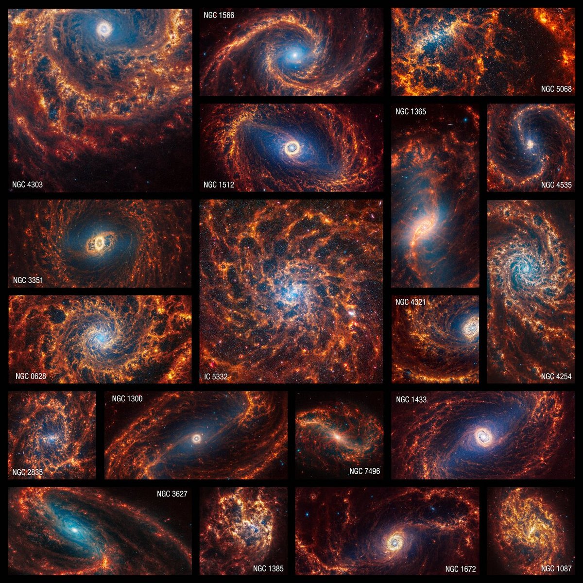 Les 19 galaxies observées par le JWST dans le cadre du projet. Un trésor pour les yeux ! © NASA, ESA, CSA, STScI, J. Lee (STScI), T. Williams (Oxford), PHANGS Team, E. Wheatley (STScI)