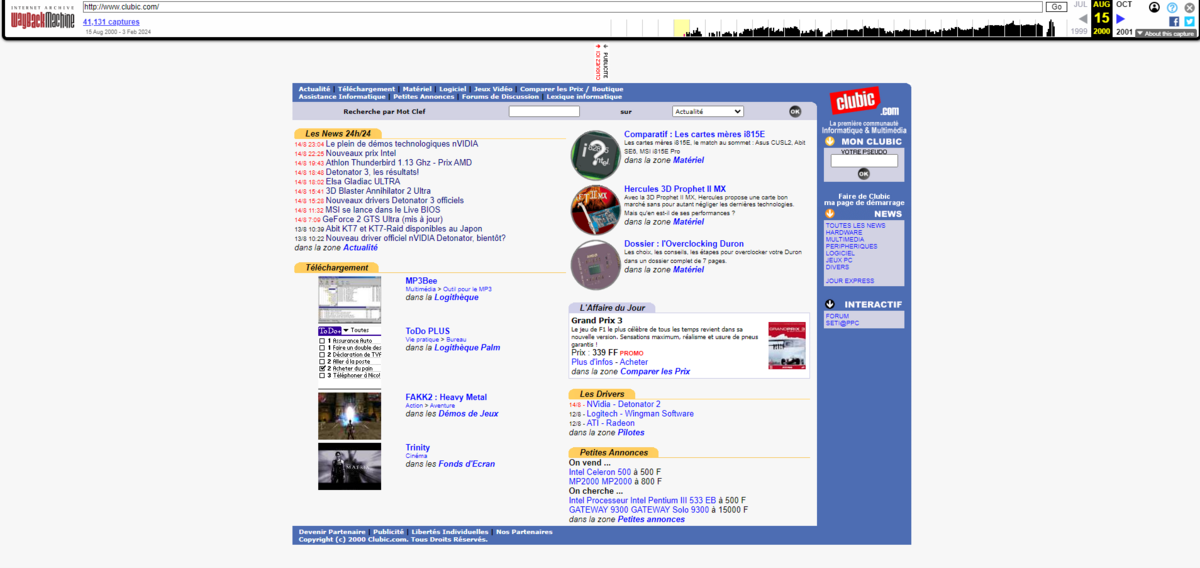 Page d'accueil de Clubic en 2000 © The Wayback Machine