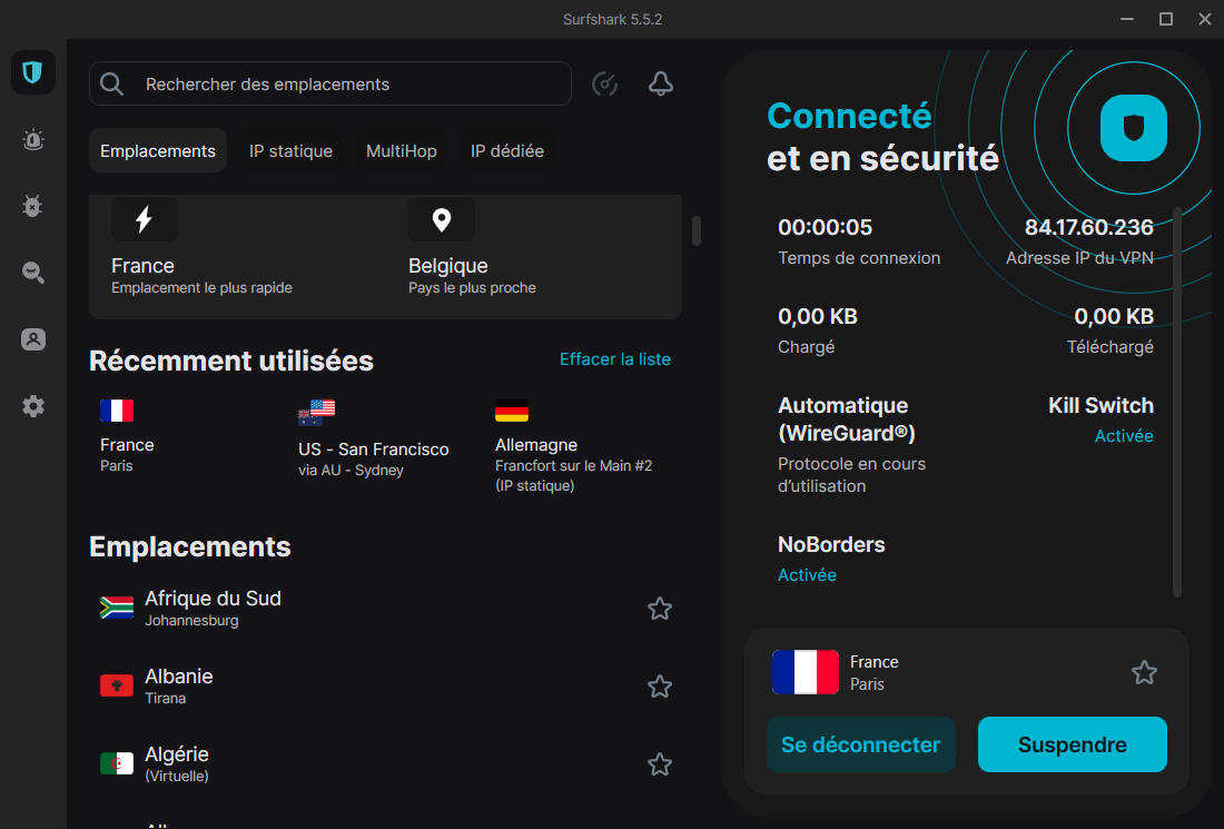 Surfshark VPN - Des options de connexion et de sécurité très avancées