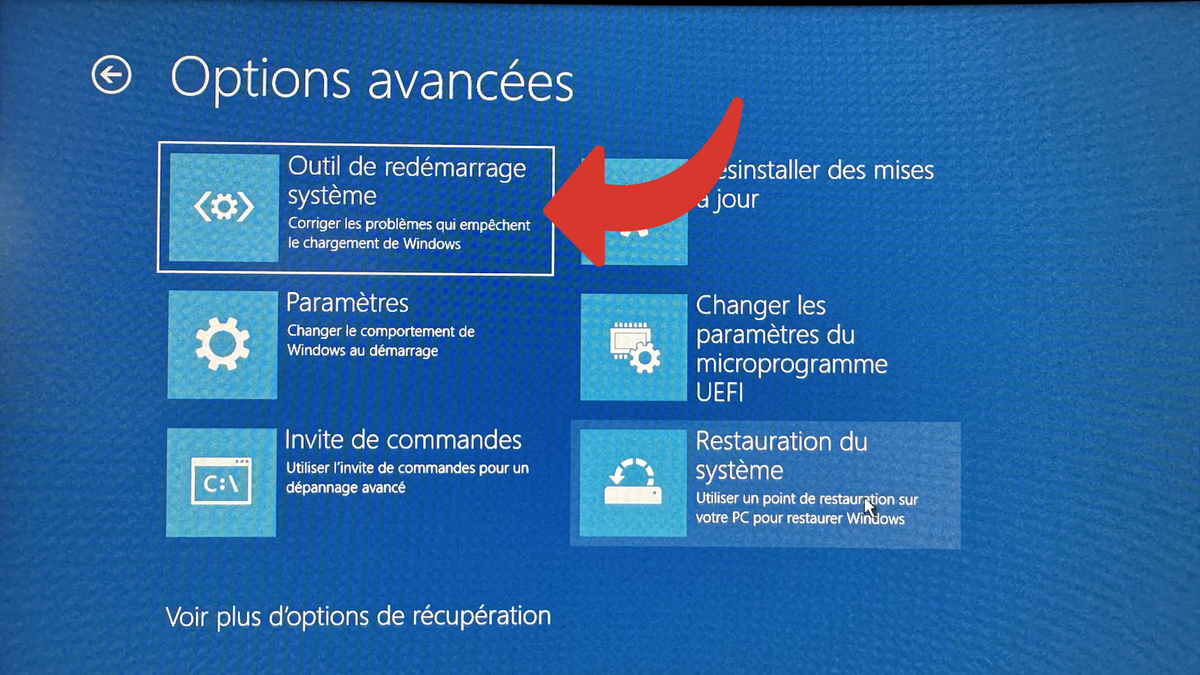 Le menu « outil de redémarrage système » du Windows RE © Benoit Baylé pour Clubic.com