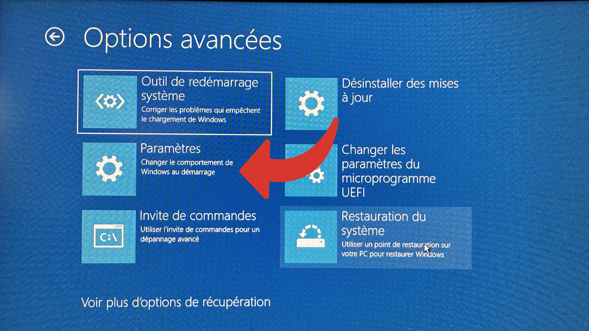 Accédez au menu « Paramètres » du Windows RE © Benoit Baylé pour Clubic.com