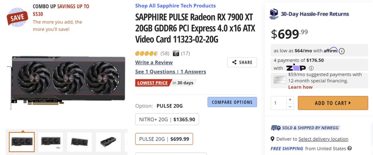 La Radeon RX 7900 XT s&#039;affiche à 699 dollars chez Newegg © VideoCardz