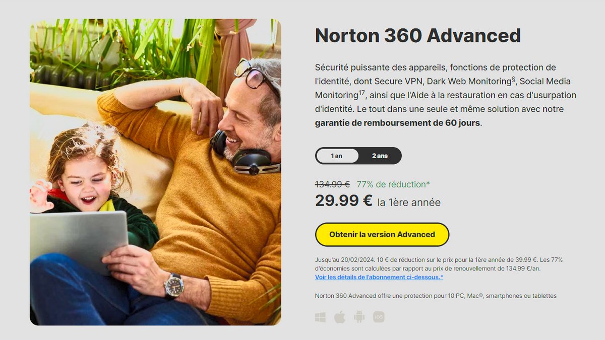 Norton 360 Advanced à prix réduit jusqu'au 20/02