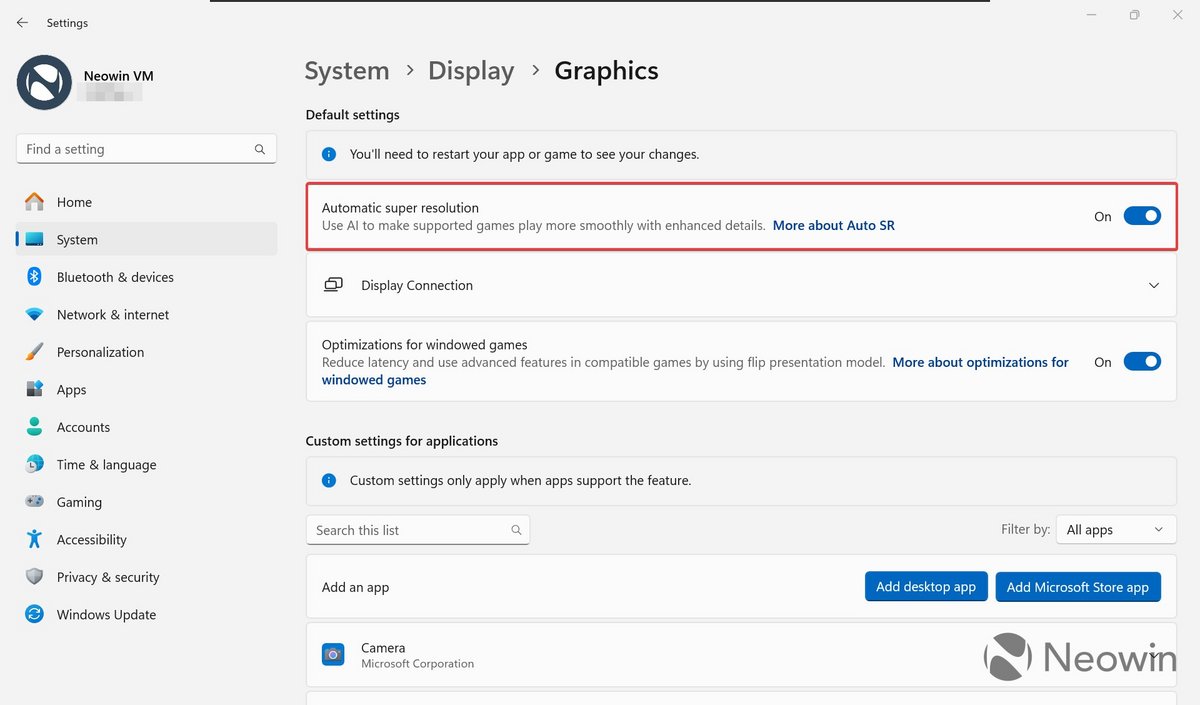 Once available, the Automatic Super Resolution function will be located in the Windows 11 system settings © Neowin