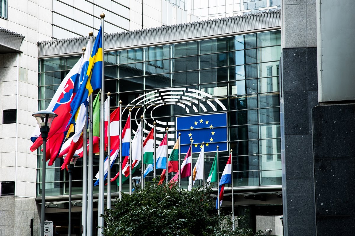 Les drapeaux de l'UE devant le Parlement européen. © Fabrizio Maffei / Shutterstock