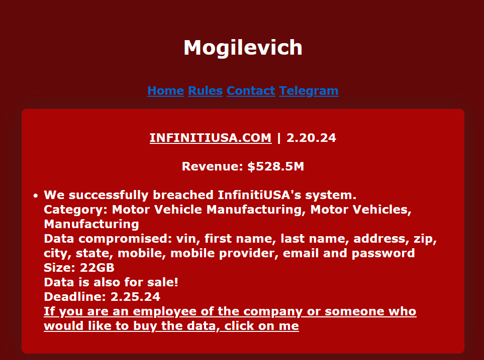 Captures d'écran des revendications du groupe Mogilevich © Clubic