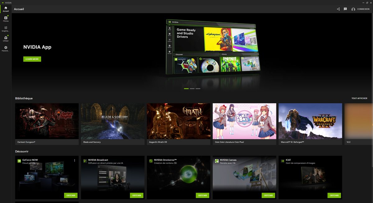 L'accueil de la nouvelle application NVIDIA © Capture d'écran Clubic