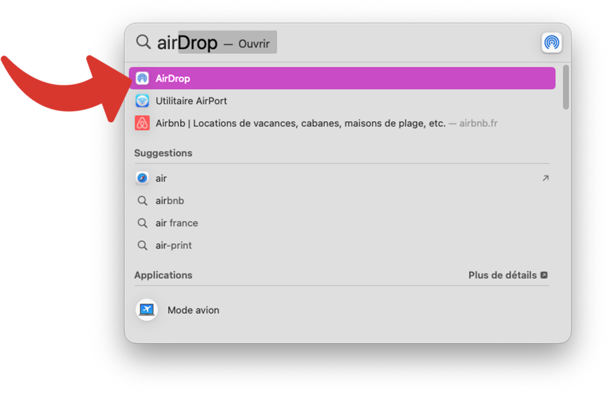 Recherche d'AirDrop avec Spotlight sur Mac
