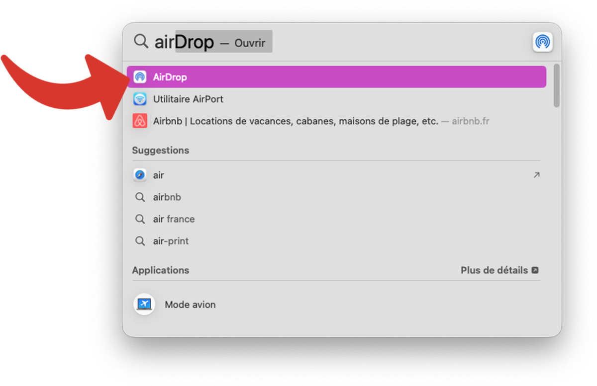 Recherche d&#039;AirDrop avec Spotlight sur Mac