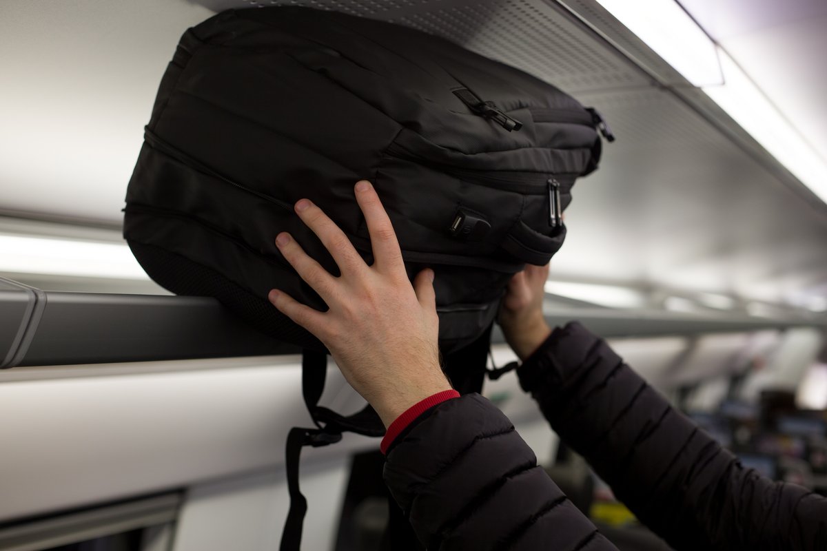 Un voyageur en train de poser son sac sur la partie de chargement supérieur d'un train © Timur Malazoniia / Shutterstock