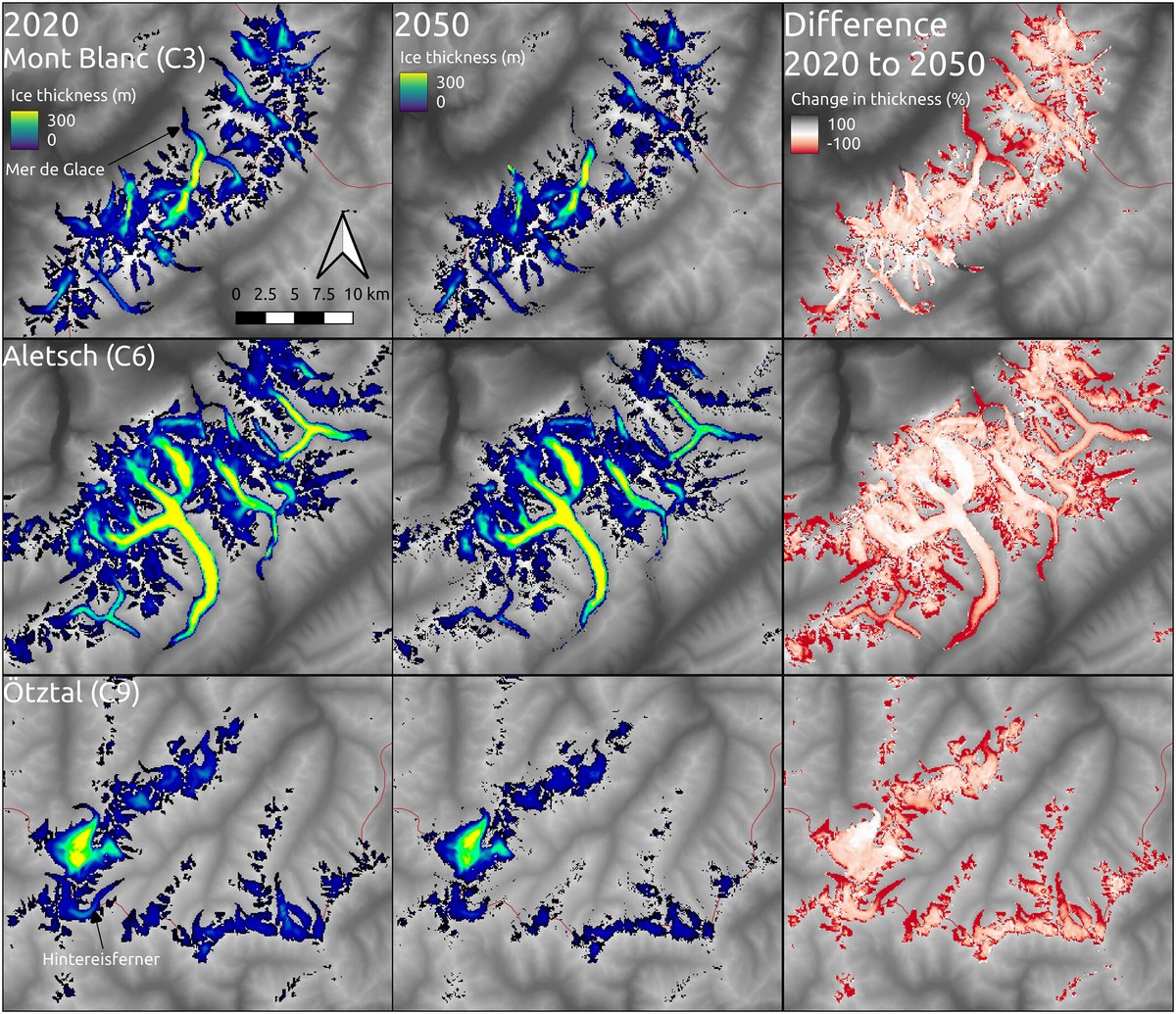 Épaisseur de la glace en 2020 (première colonne) et 2050 (deuxième colonne), et différence entre elles (troisième colonne) pour le massif du Mont Blanc, sur la ligne du haut © Geophysical Research Letters