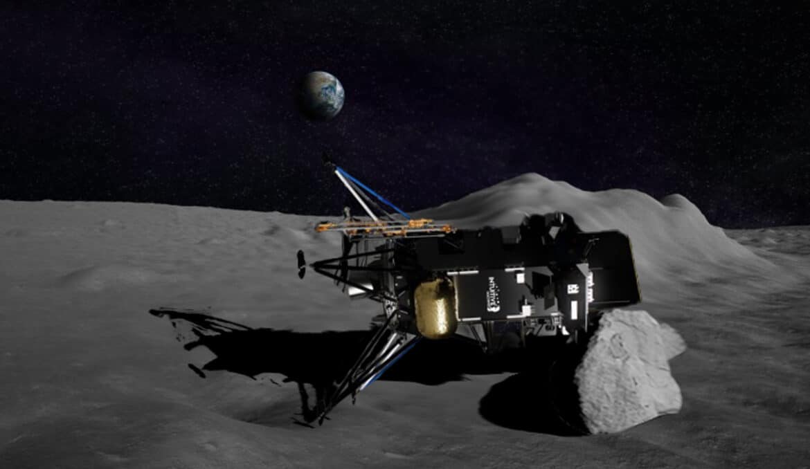 Artist's impression of Nova-C lying on the surface of the Moon (does not take into account the oblique surface).  © Intuitive Machines