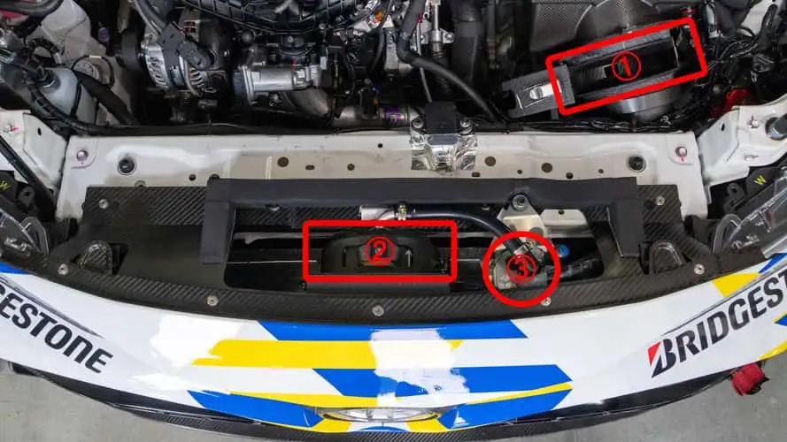  Le bloc moteur du concept. Le numéro 1 et le numéro 2 sont les filtres aborbant l'ar et le numéro 3 le fluide récupérateur © Toyota Times