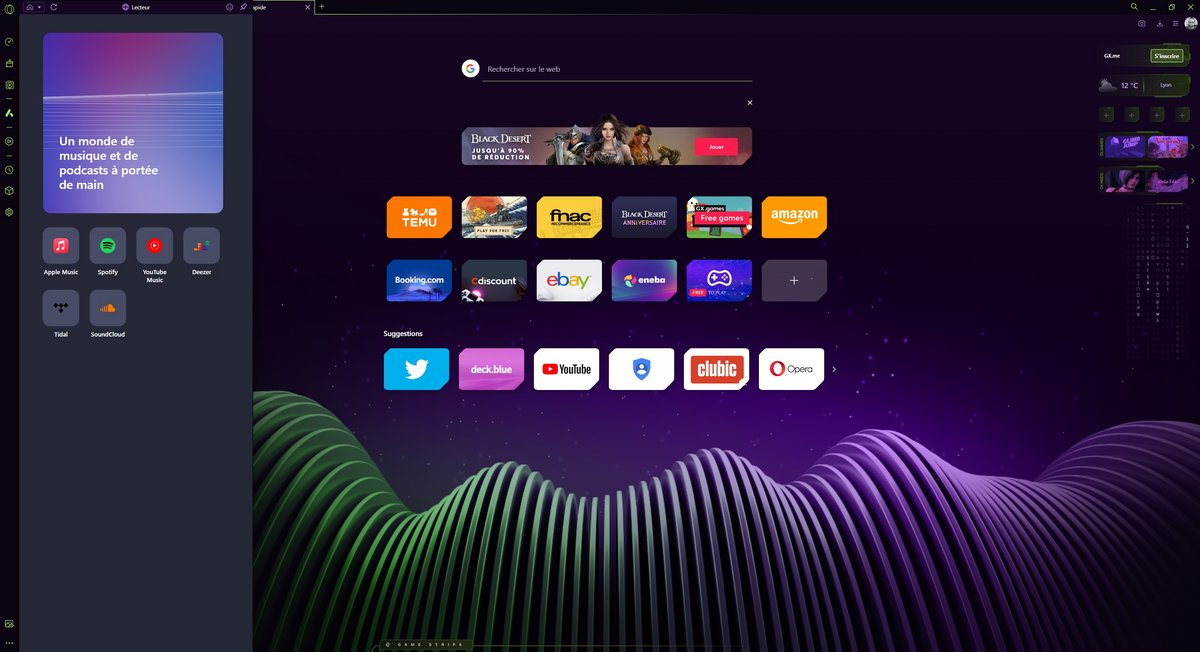 Opera GX - Le lecteur, pour intégrer votre service de streaming audio préféré