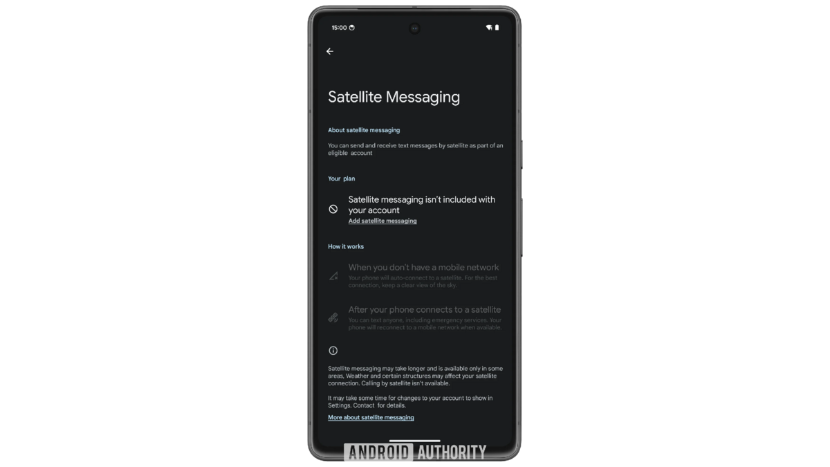Voici un premier aperçu de l'écran de configuration de la fonctionnalité de messagerie par satellite d'Android 15 © Android Authority