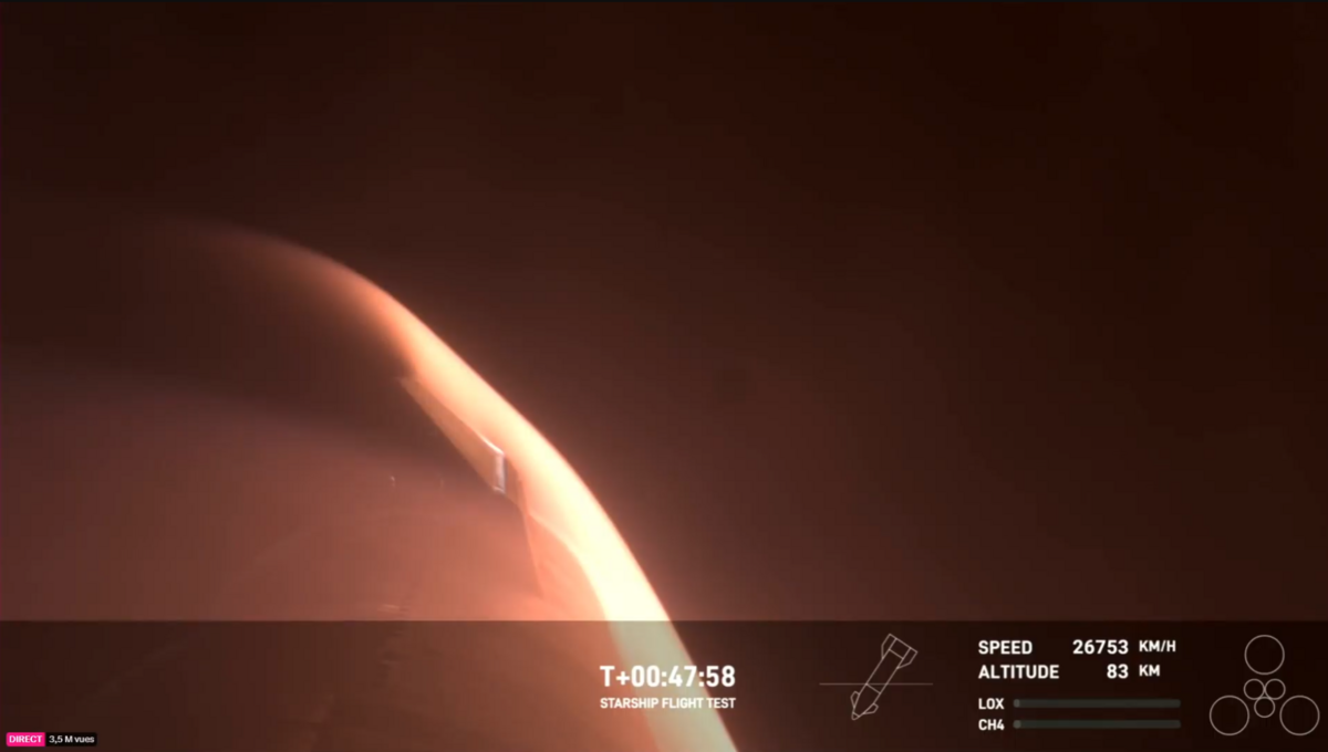 L&#039;une des dernières images claires de Starship lors de sa traversée de l&#039;atmosphère. © SpaceX