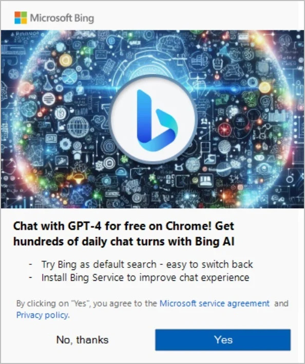 Le popup de Bing qui cherche à séduire les utilisateurs de Google © Windows Latest