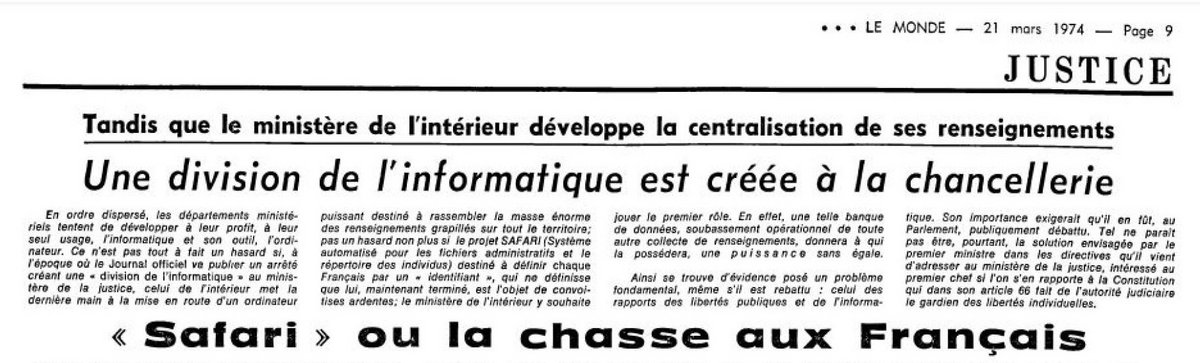 Capture d'écran du projet Safari en une du journal Le Monde du 21 mars 1974 - © Clubic