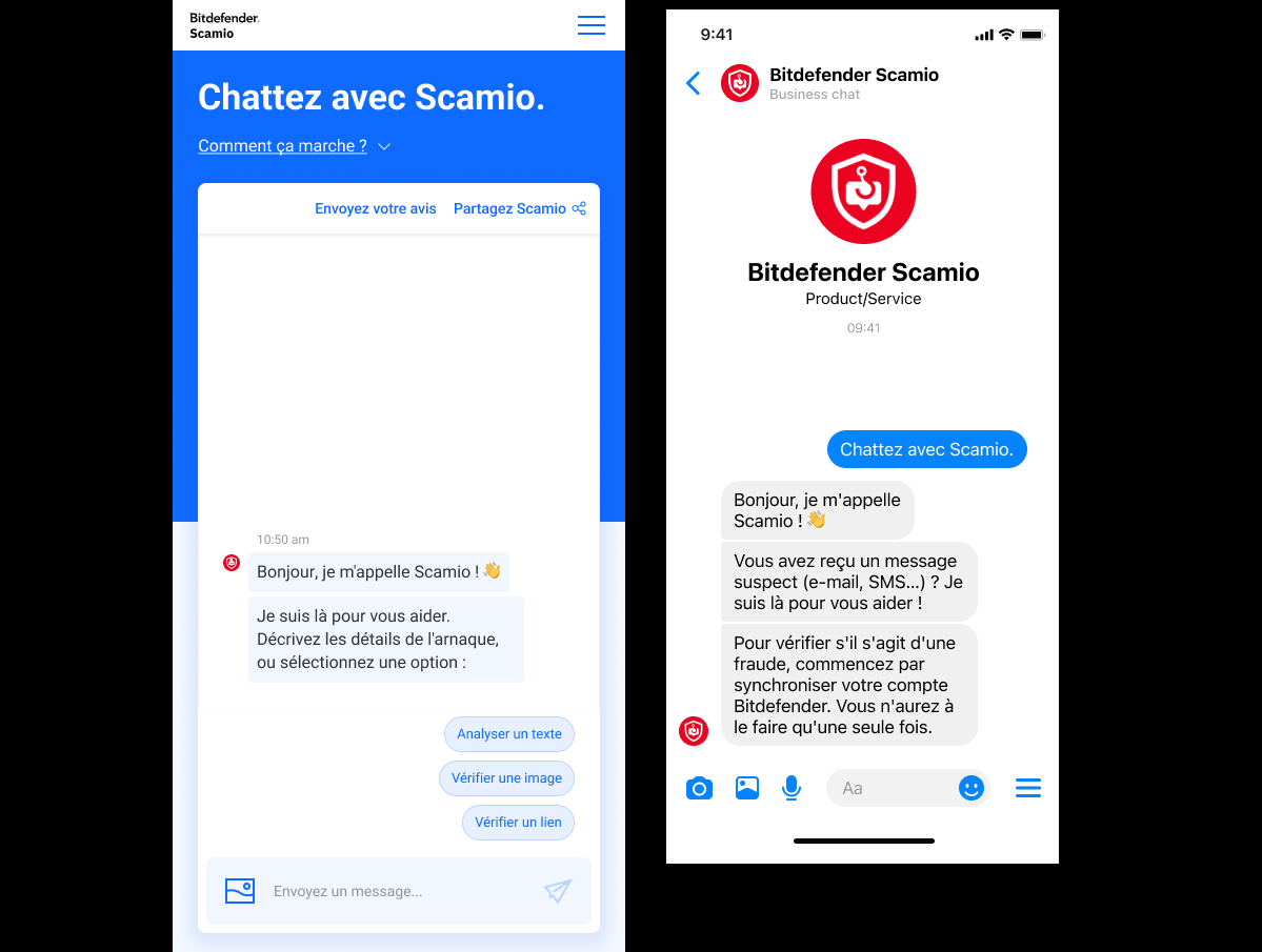 On the left, Scamio in mobile version;  on the right, in Messenger version © Bitdefender / Alexandre Boero / Clubic