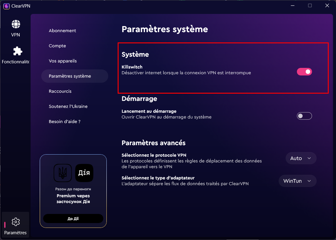 ClearVPN - Activer le kill switch
