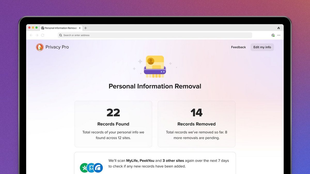 PrivacyPro gère automatiquement les demandes et confirmations de suppression des informations personnelles contenues dans les bases de données des courtiers © DuckDuckGo