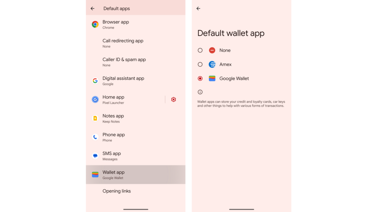 Le menu de sélection des applications par défaut sur Android 15 sera plus complet et inclura les applications de paiement © Captures d'écran 9to5Google