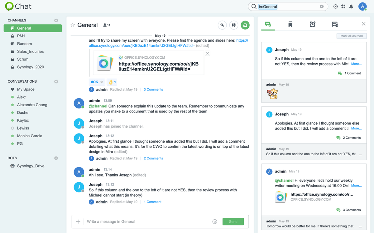 Synology Chat allows your team to communicate and exchange in real time with a tool hosted on your servers.  © Synology