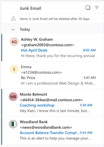 L&#039;affichage des adresses e-mail des expéditeurs dans la liste des messages indésirables  sera très pratique © Microsoft