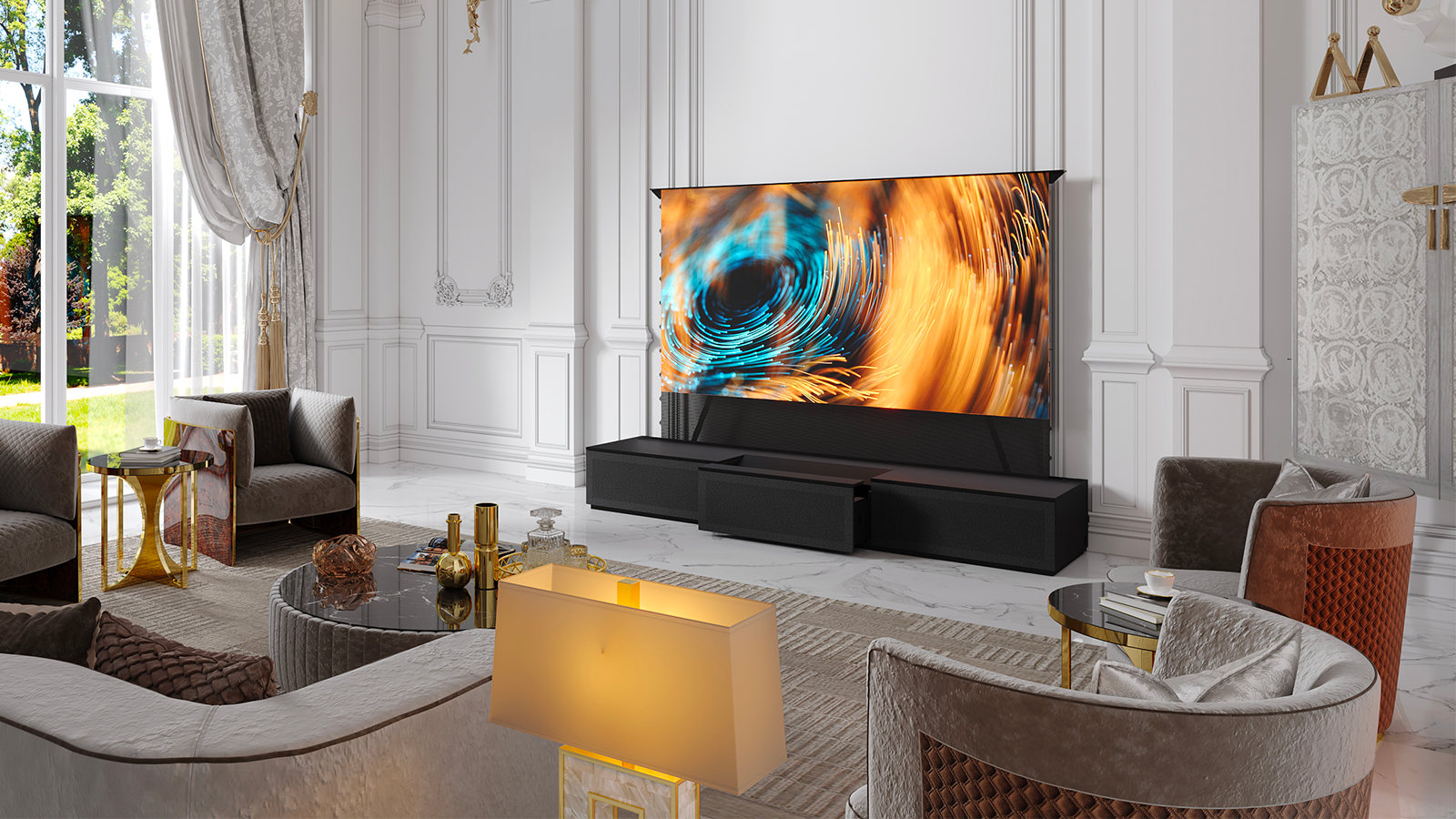 Le salon du champion olympique français Benjamin Toniutti avec le meuble TV pour projecteur UST